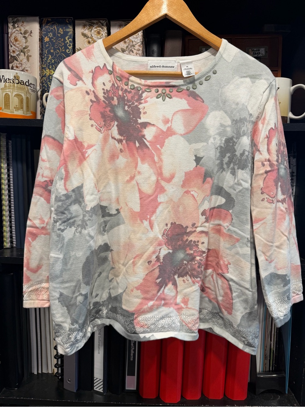 Alfred Dunner Coral and Gray Floral Crewneck Sweatshirt